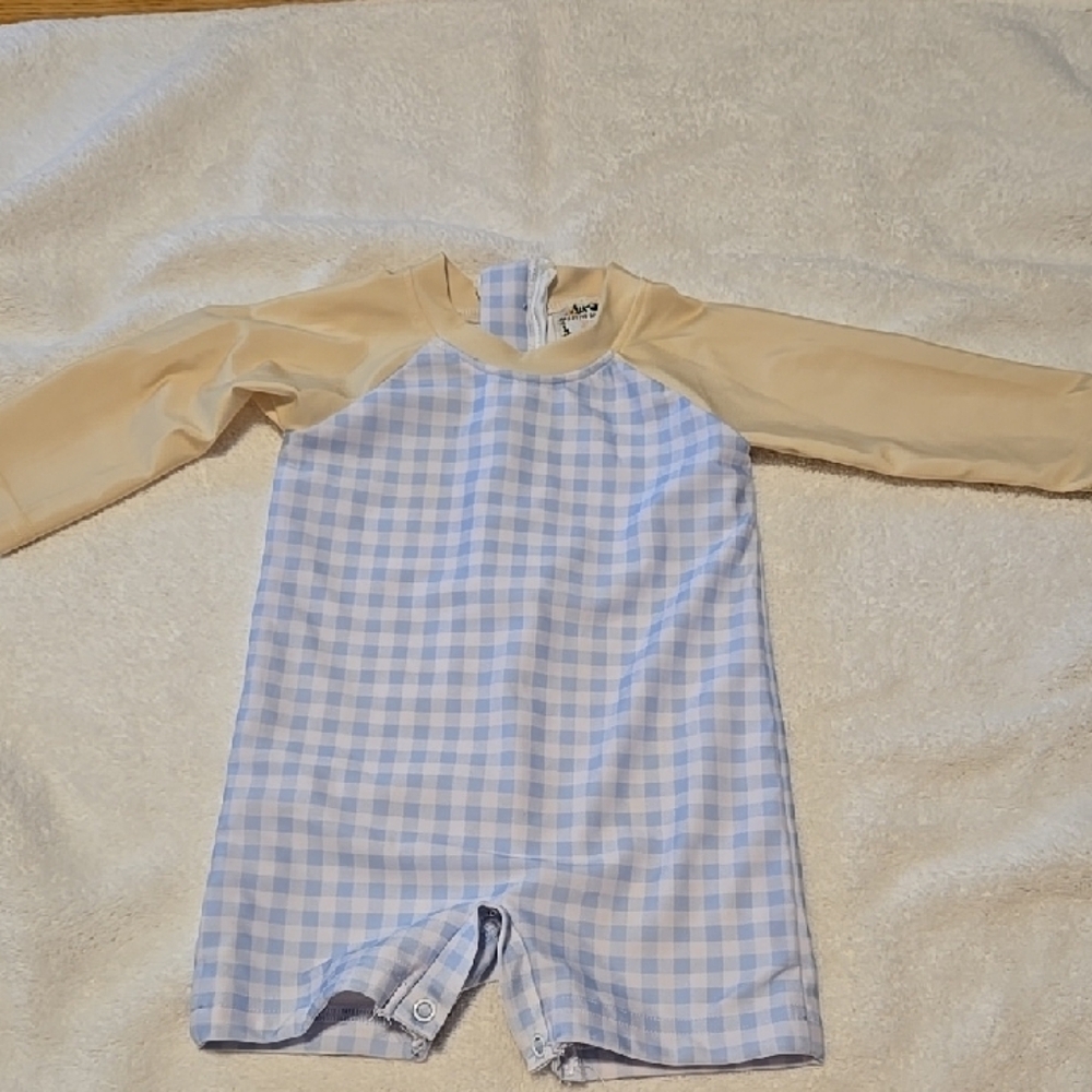 6 Month Boutique Swim Rashguard Worn Once Blue and Tan Rashguard Swimwear